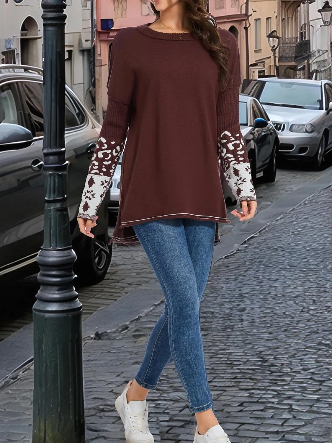 hathne Oversized Sweaters Pullover for Women Leopard Printed Cuff Casual Long Sleeve Knit Tops