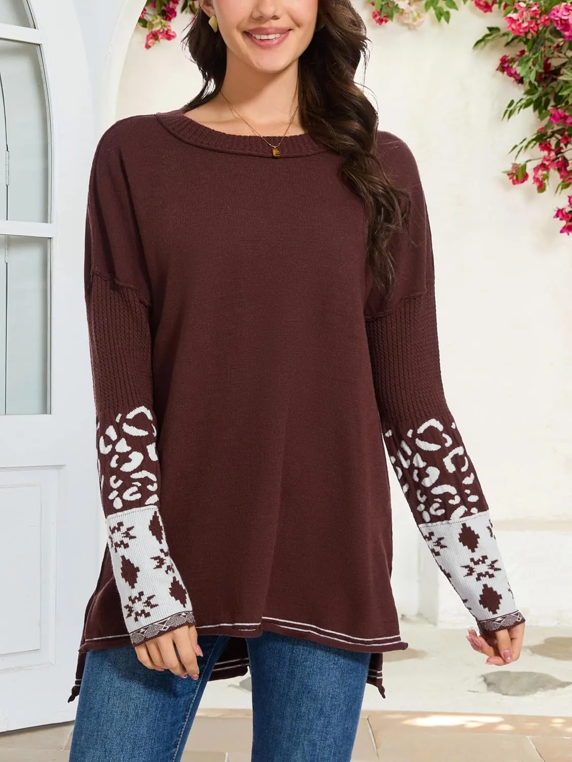 hathne Oversized Sweaters Pullover for Women Leopard Printed Cuff Casual Long Sleeve Knit Tops