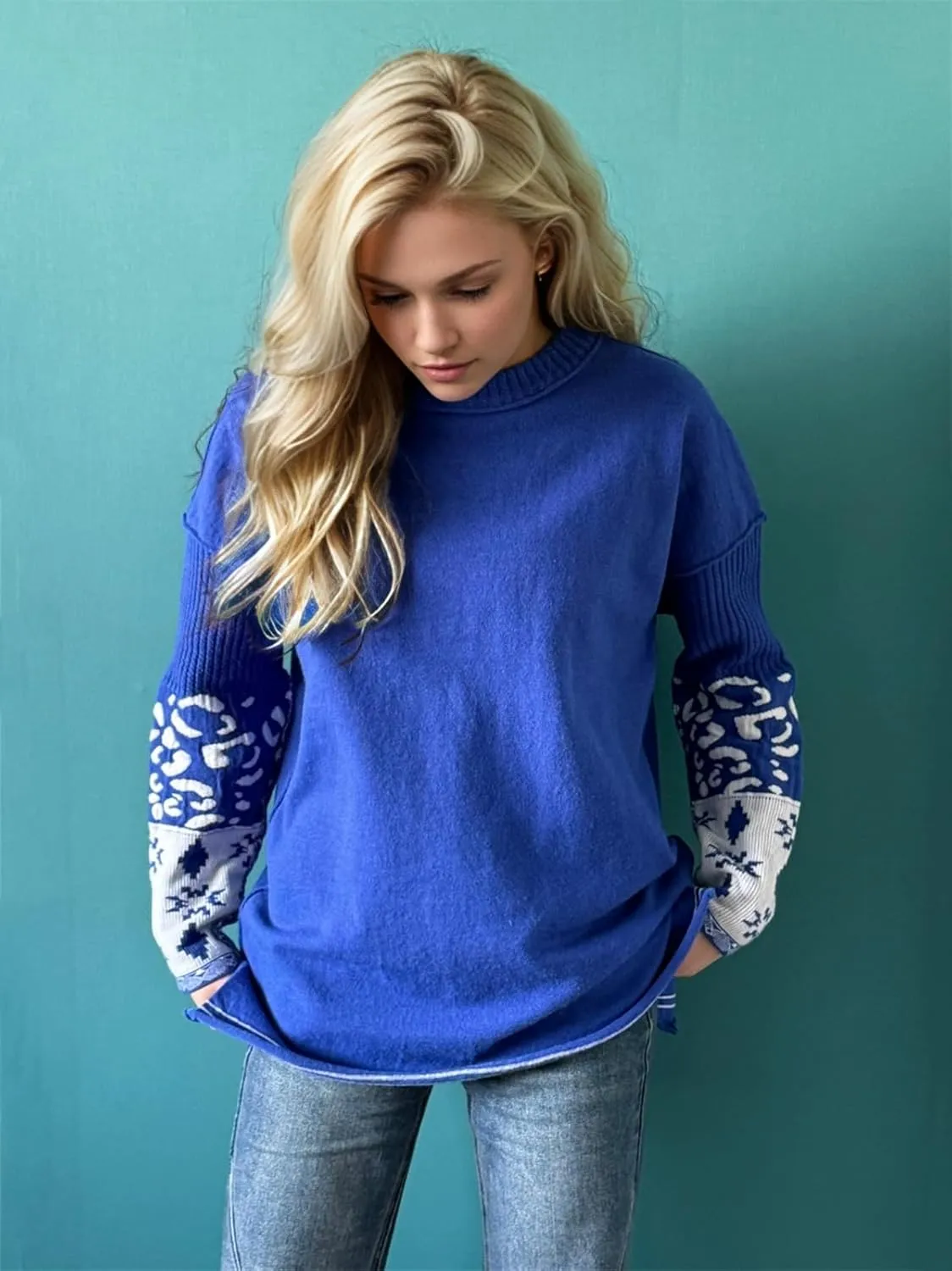 hathne Oversized Sweaters Pullover for Women Leopard Printed Cuff Casual Long Sleeve Knit Tops