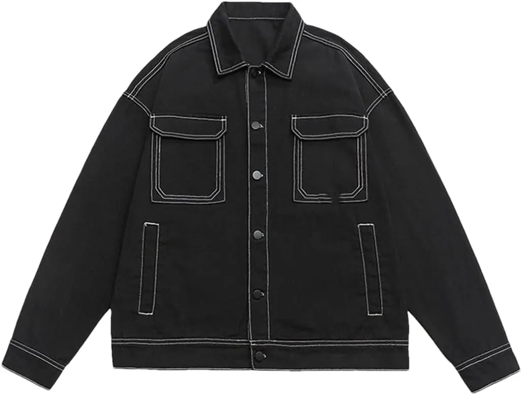 Hdhdeueh Mens Vintage Jean Jacket Large Pocket Contrast Oversized Black White Washed Denim Coats