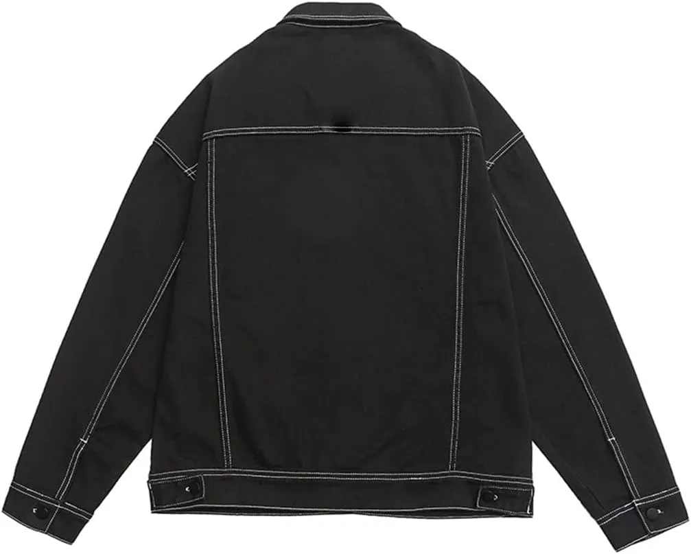 Hdhdeueh Mens Vintage Jean Jacket Large Pocket Contrast Oversized Black White Washed Denim Coats
