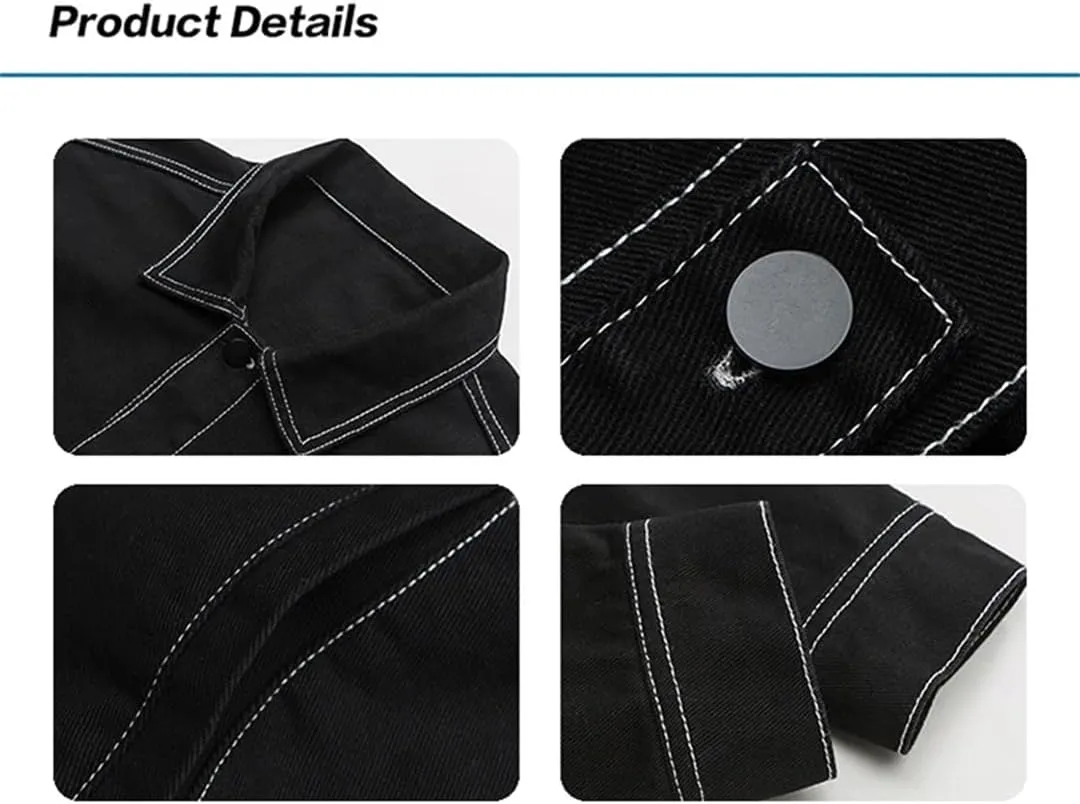 Hdhdeueh Mens Vintage Jean Jacket Large Pocket Contrast Oversized Black White Washed Denim Coats
