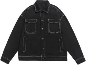Hdhdeueh Mens Vintage Jean Jacket Large Pocket Contrast Oversized Black White Washed Denim Coats