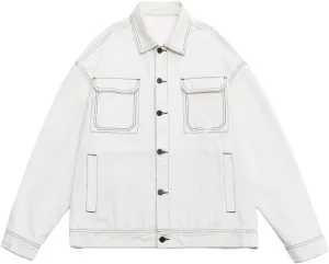 Hdhdeueh Mens Vintage Jean Jacket Large Pocket Contrast Oversized Black White Washed Denim Coats