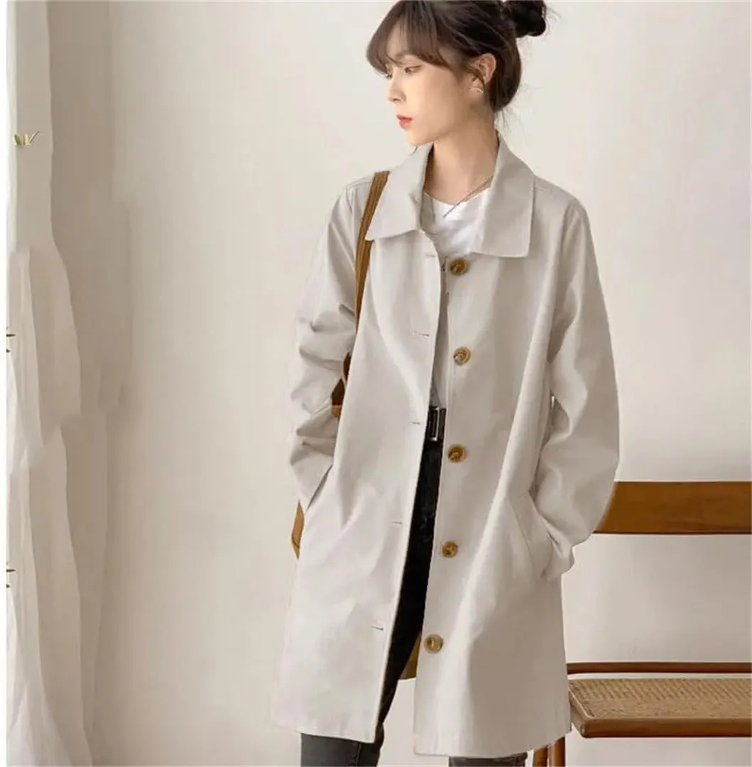 Hdhdeueh Women's Trench Coat Long Sleeve Lapel Single Breasted Solid Color Loose Overcoat with Pockets