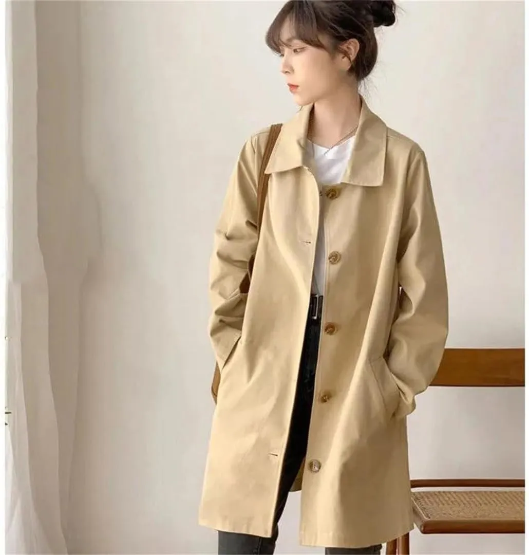 Hdhdeueh Women's Trench Coat Long Sleeve Lapel Single Breasted Solid Color Loose Overcoat with Pockets