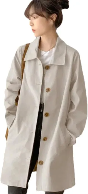 Hdhdeueh Women's Trench Coat Long Sleeve Lapel Single Breasted Solid Color Loose Overcoat with Pockets