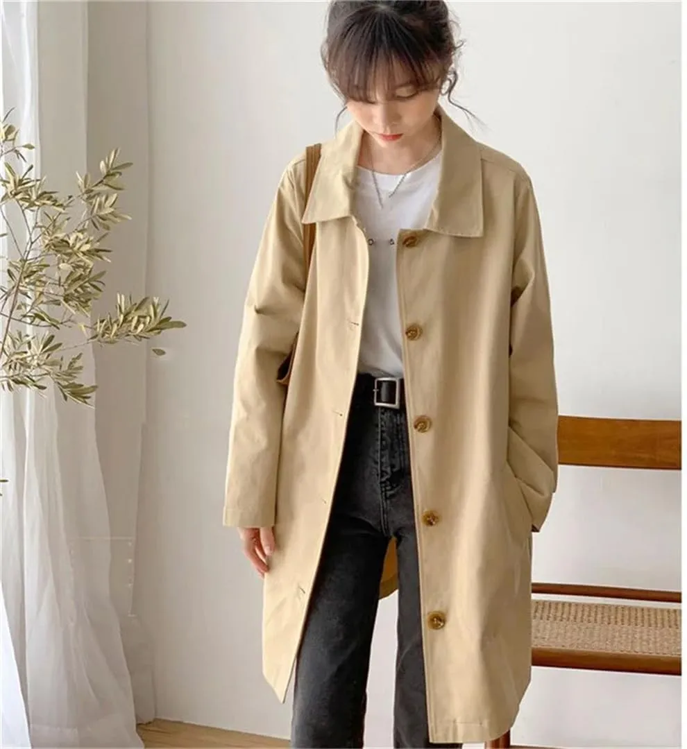 Hdhdeueh Women's Trench Coat Long Sleeve Lapel Single Breasted Solid Color Loose Overcoat with Pockets