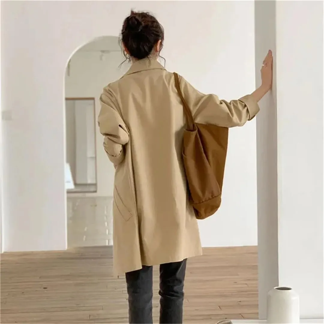 Hdhdeueh Women's Trench Coat Long Sleeve Lapel Single Breasted Solid Color Loose Overcoat with Pockets