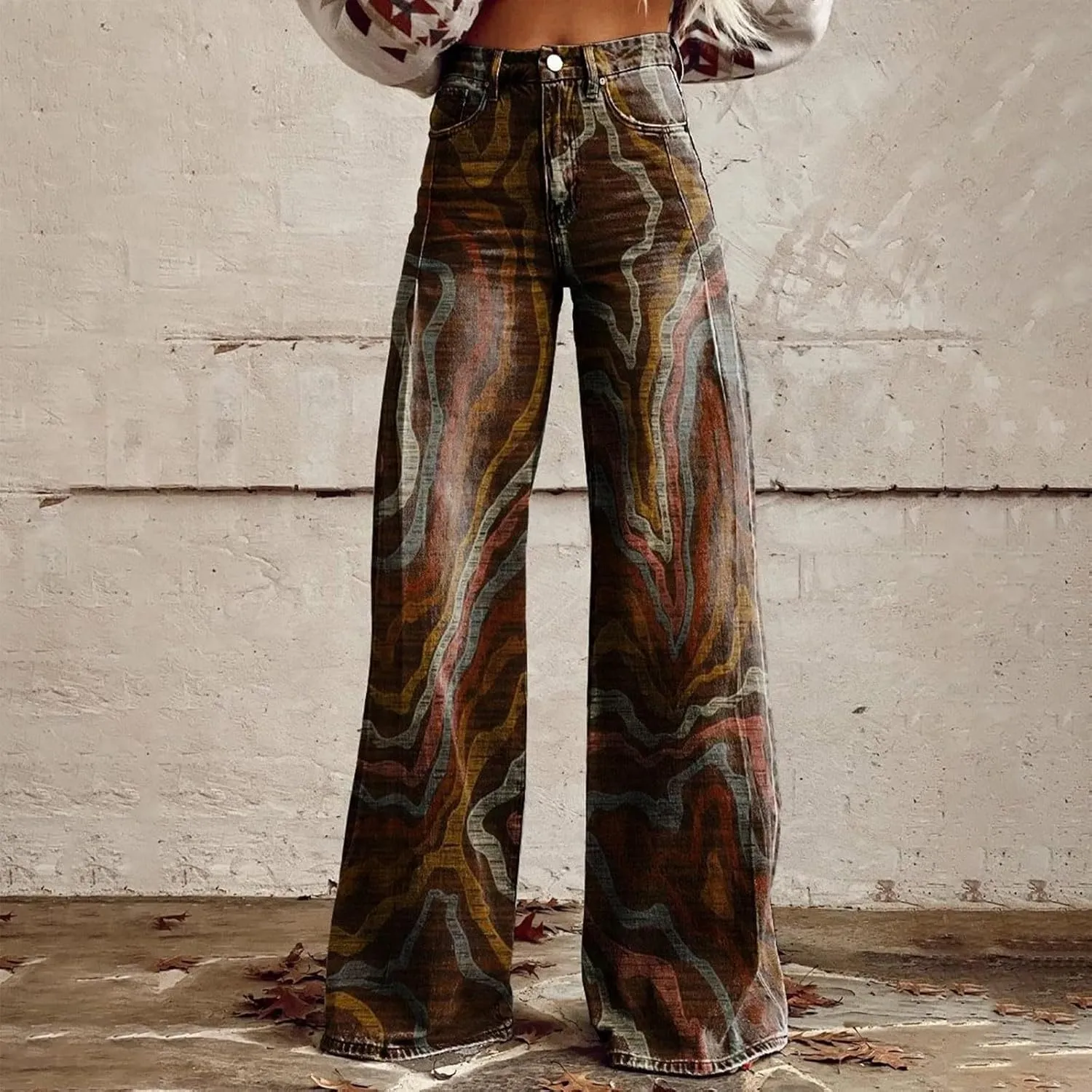 High Waist Long Straight Hippie Pants Women Classic Loose Fit Pants Pattern Print Pants Comfortable Wide Leg Trousers