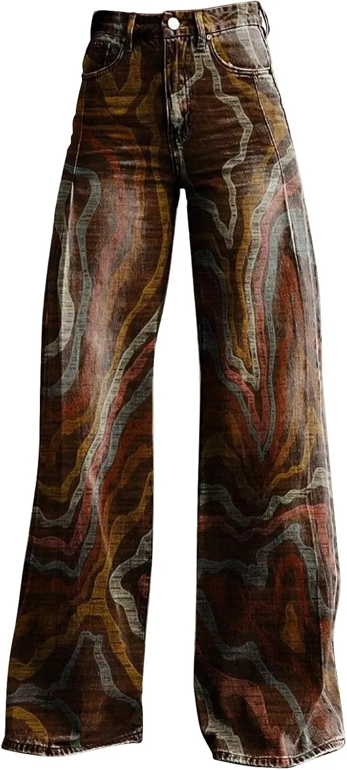 High Waist Long Straight Hippie Pants Women Classic Loose Fit Pants Pattern Print Pants Comfortable Wide Leg Trousers