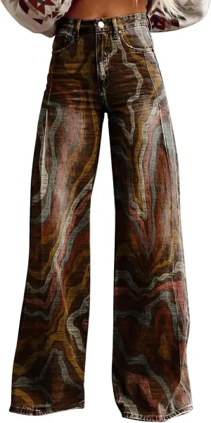 High Waist Long Straight Hippie Pants Women Classic Loose Fit Pants Pattern Print Pants Comfortable Wide Leg Trousers