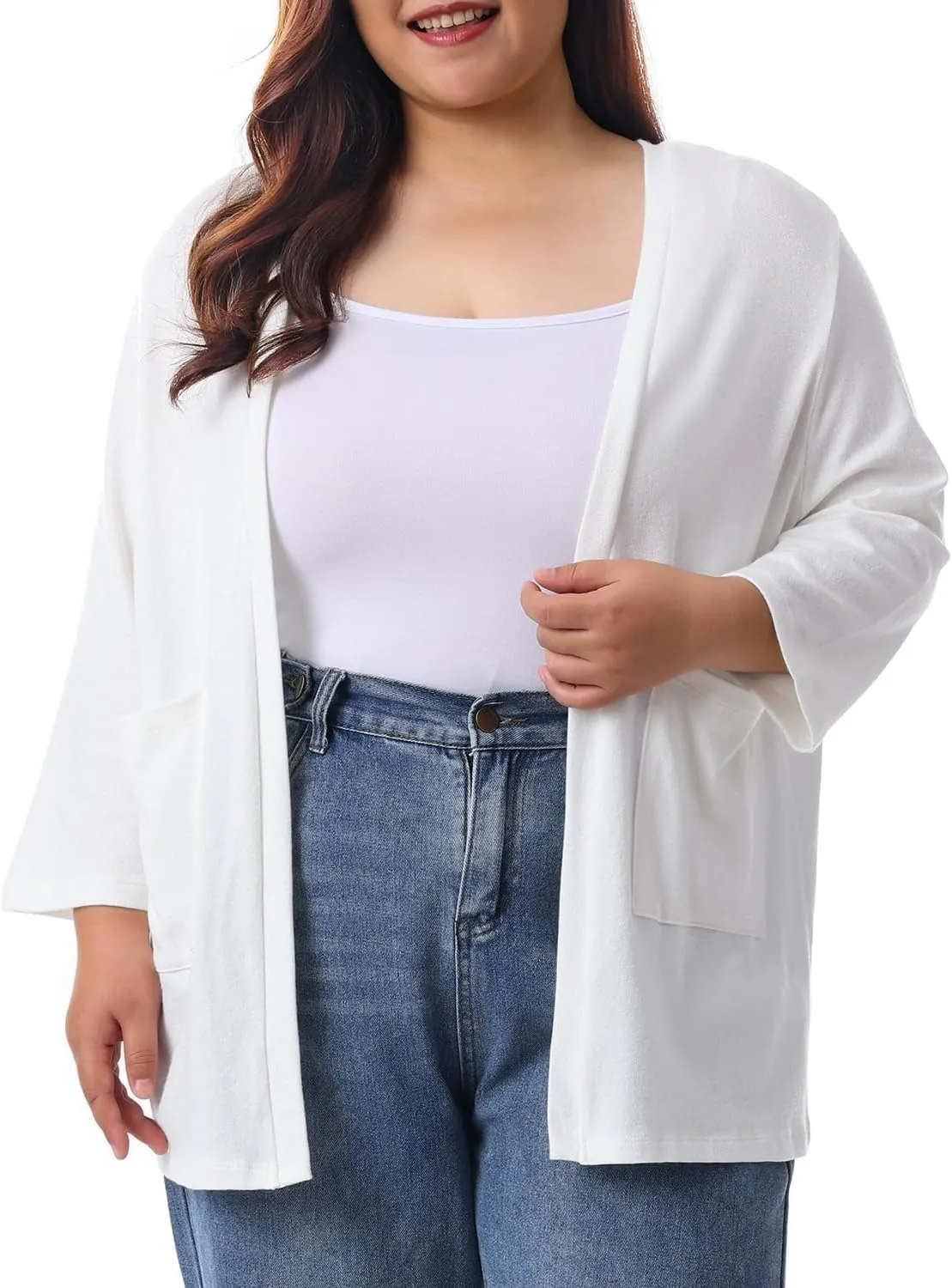 HOdo Plus Size Cardigan for Women Lightweight Sweaters with Pockets Open Front 3/4 Sleeve 1X-5X
