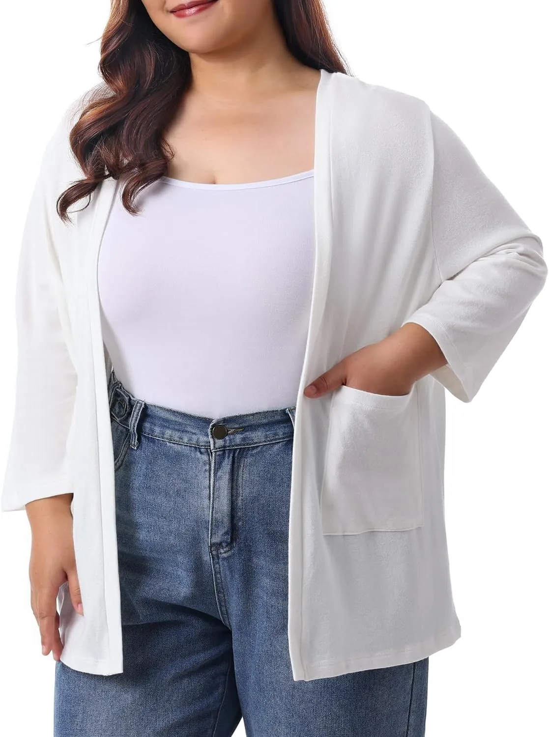 HOdo Plus Size Cardigan for Women Lightweight Sweaters with Pockets Open Front 3/4 Sleeve 1X-5X
