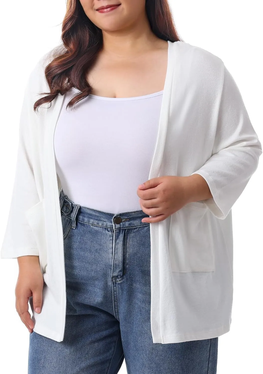 HOdo Plus Size Cardigan for Women Lightweight Sweaters with Pockets Open Front 3/4 Sleeve 1X-5X