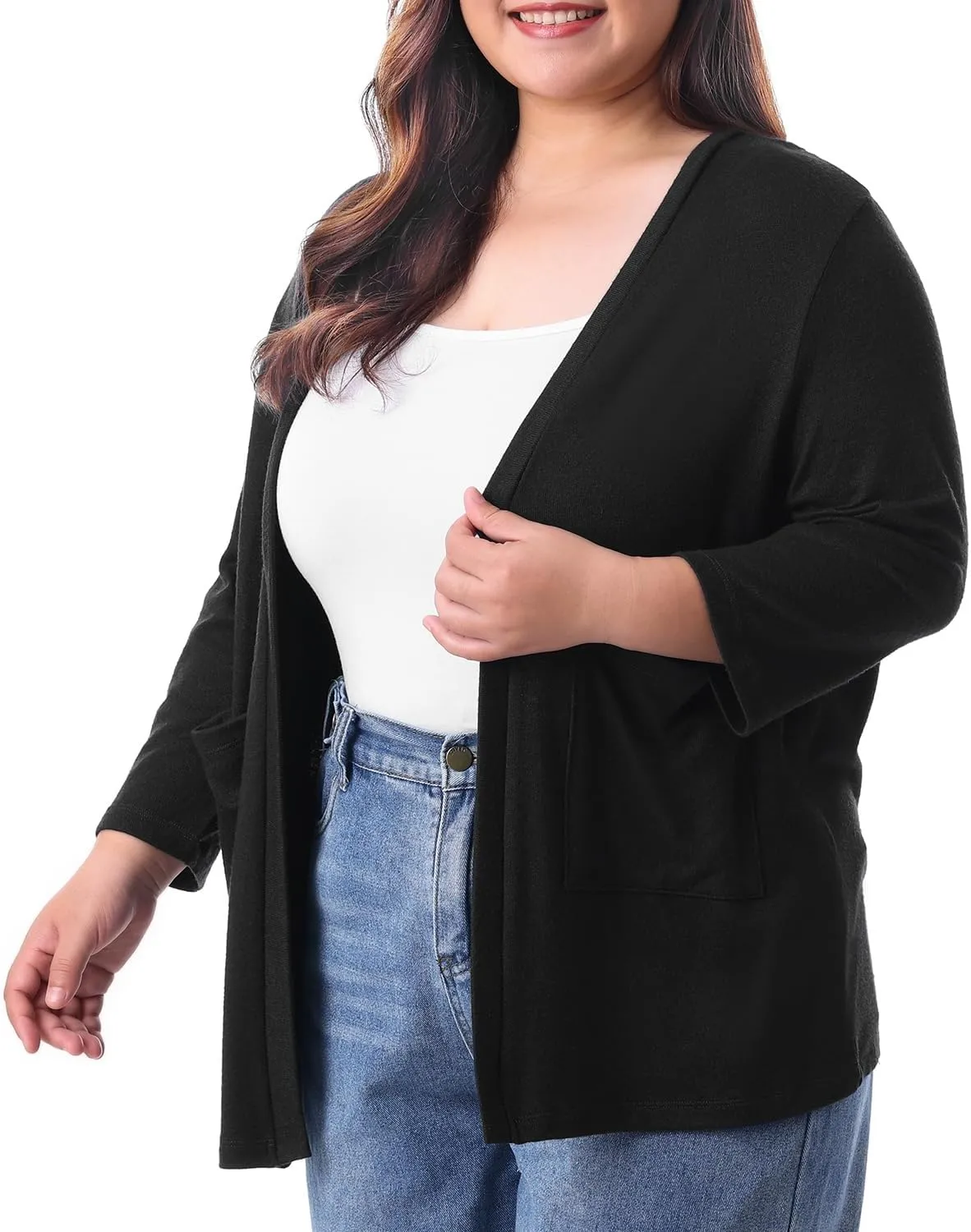 HOdo Plus Size Cardigan for Women Lightweight Sweaters with Pockets Open Front 3/4 Sleeve 1X-5X
