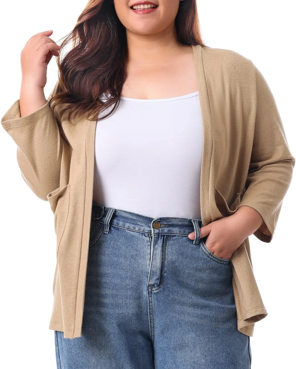 HOdo Plus Size Cardigan for Women Lightweight Sweaters with Pockets Open Front 3/4 Sleeve 1X-5X