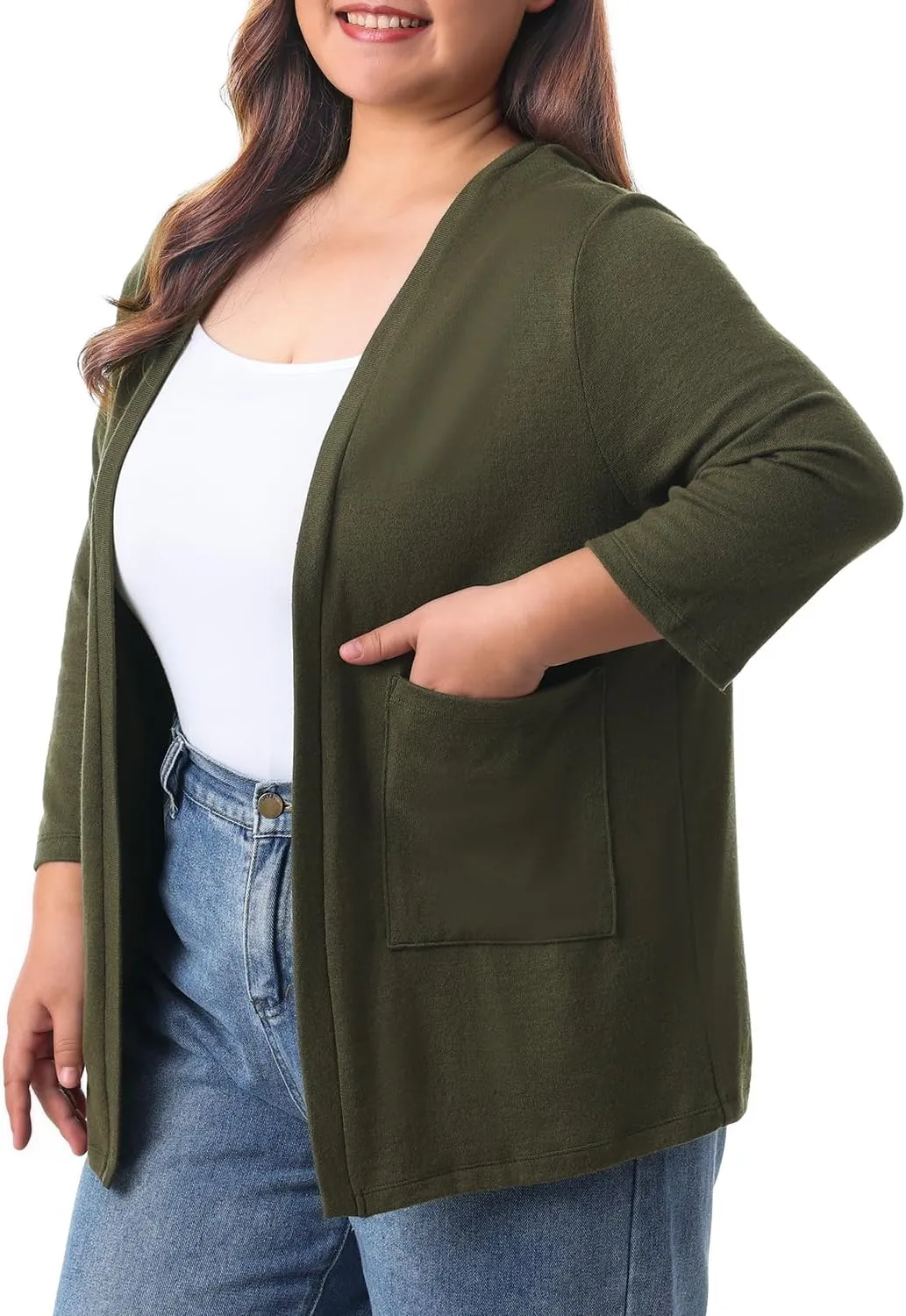 HOdo Plus Size Cardigan for Women Lightweight Sweaters with Pockets Open Front 3/4 Sleeve 1X-5X