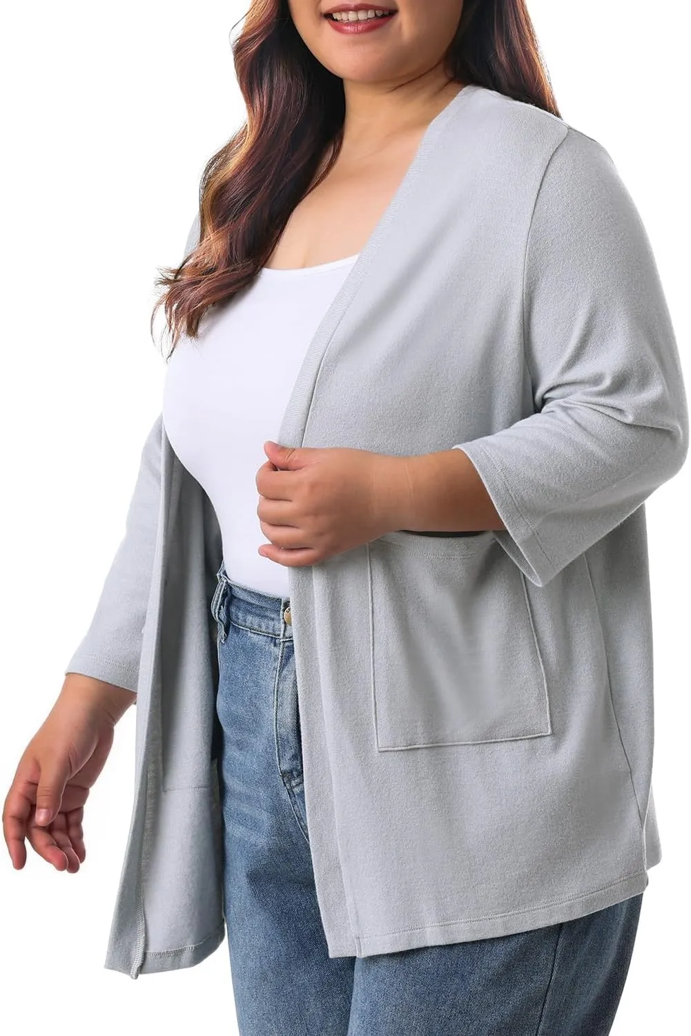 HOdo Plus Size Cardigan for Women Lightweight Sweaters with Pockets Open Front 3/4 Sleeve 1X-5X