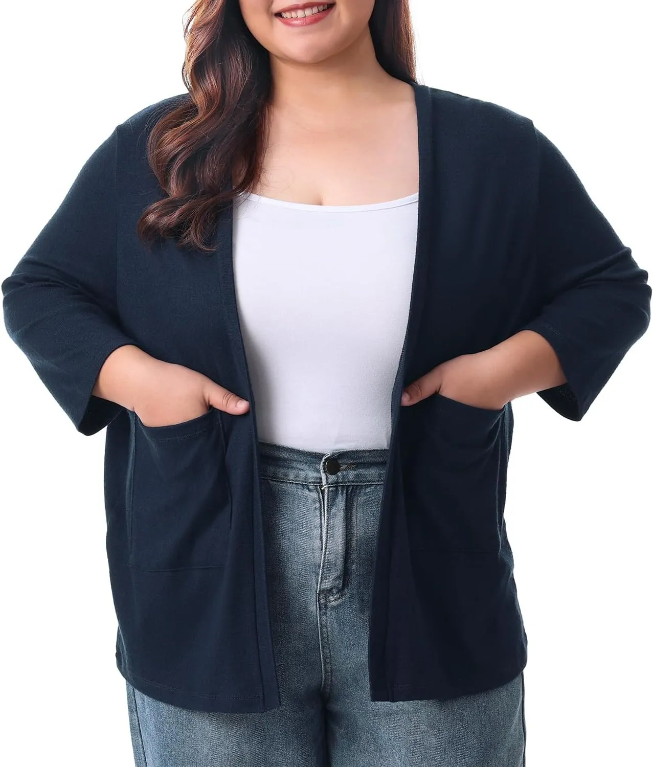 HOdo Plus Size Cardigan for Women Lightweight Sweaters with Pockets Open Front 3/4 Sleeve 1X-5X