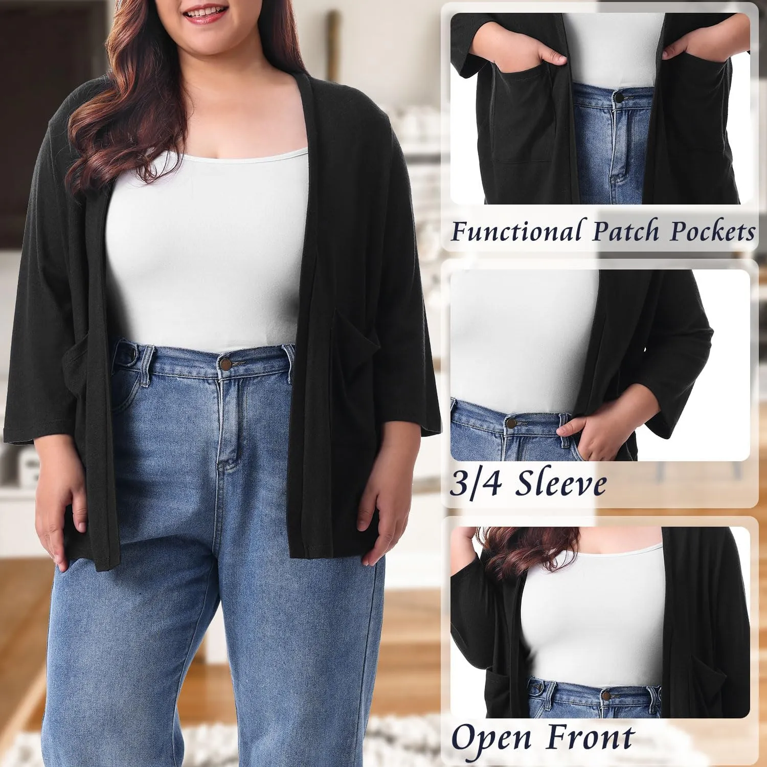 HOdo Plus Size Cardigan for Women Lightweight Sweaters with Pockets Open Front 3/4 Sleeve 1X-5X