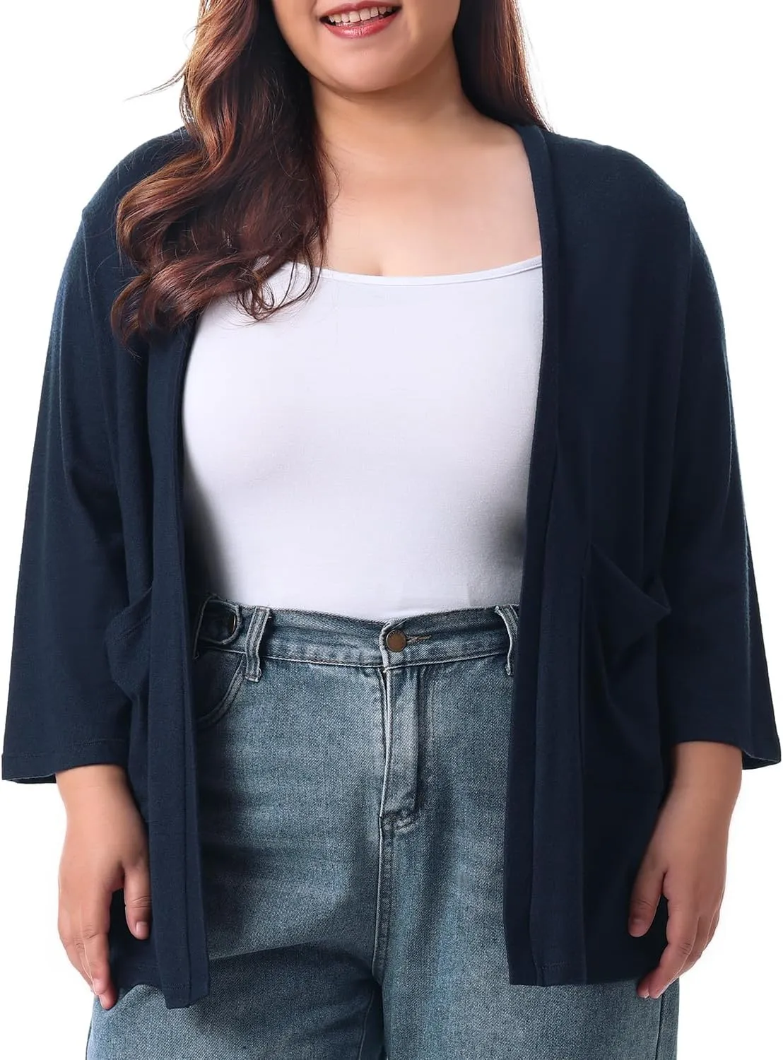 HOdo Plus Size Cardigan for Women Lightweight Sweaters with Pockets Open Front 3/4 Sleeve 1X-5X