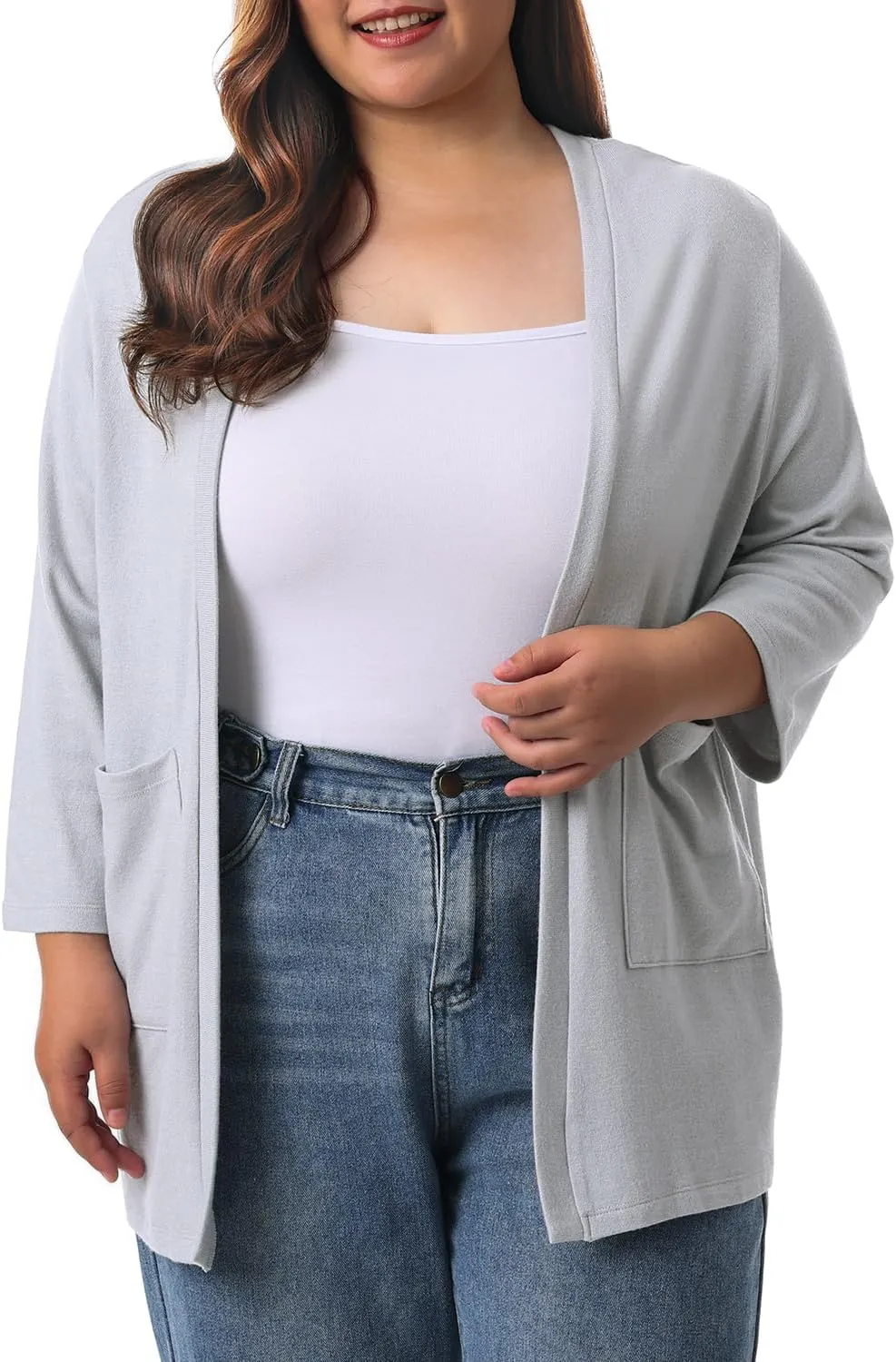 HOdo Plus Size Cardigan for Women Lightweight Sweaters with Pockets Open Front 3/4 Sleeve 1X-5X
