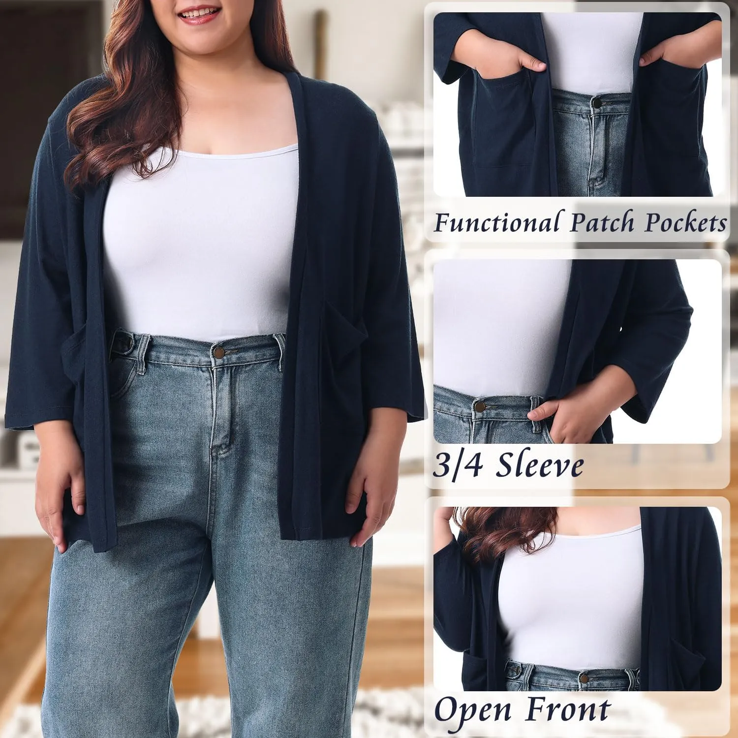 HOdo Plus Size Cardigan for Women Lightweight Sweaters with Pockets Open Front 3/4 Sleeve 1X-5X