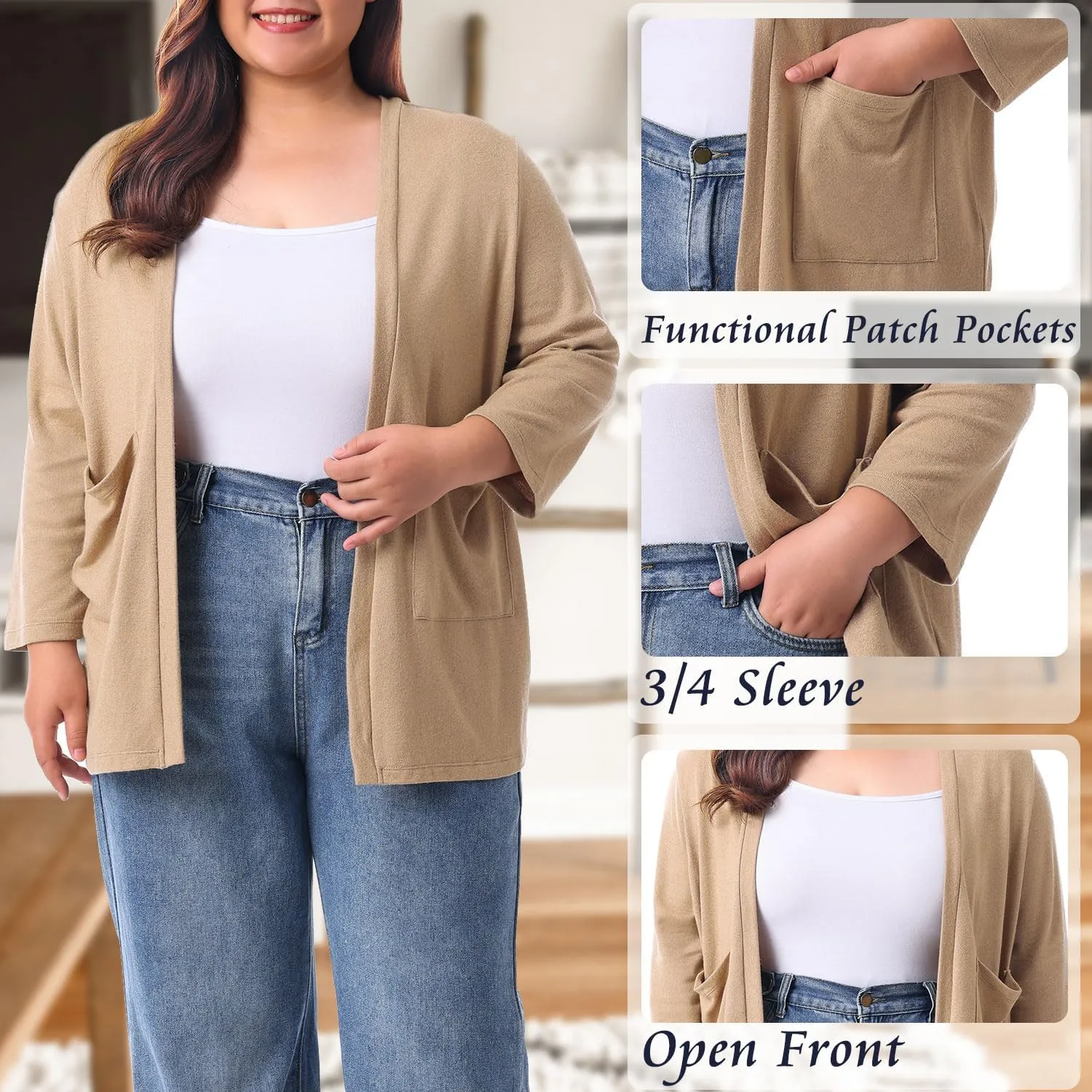 HOdo Plus Size Cardigan for Women Lightweight Sweaters with Pockets Open Front 3/4 Sleeve 1X-5X