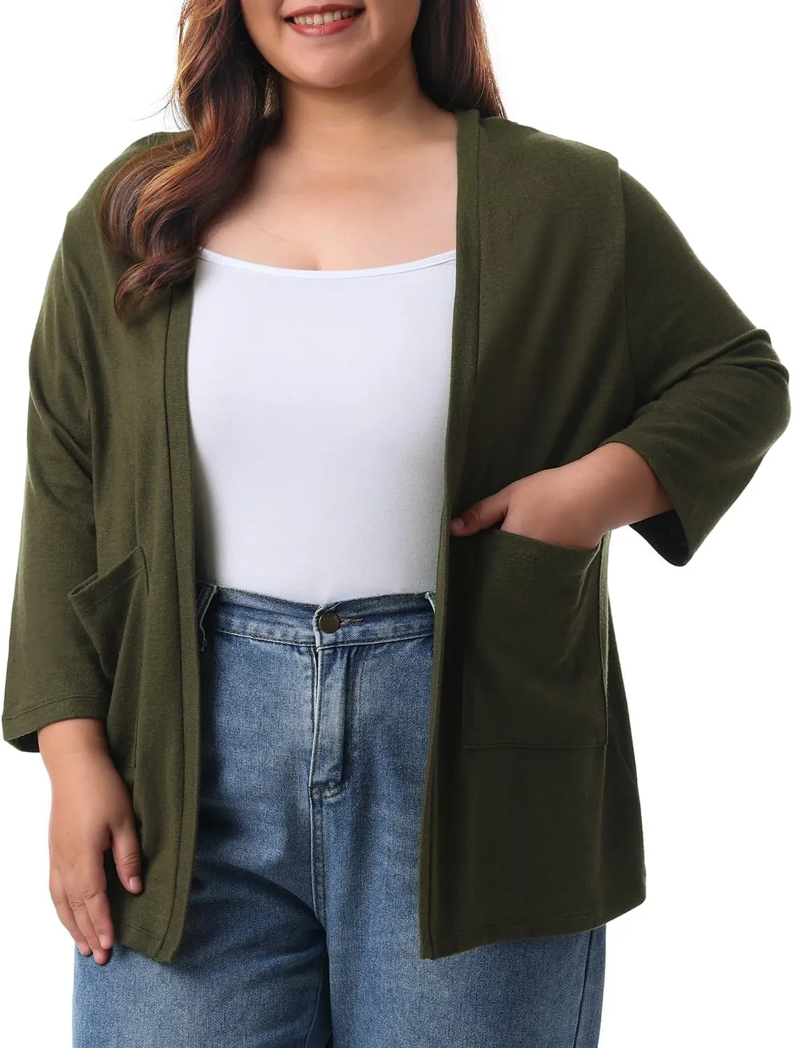 HOdo Plus Size Cardigan for Women Lightweight Sweaters with Pockets Open Front 3/4 Sleeve 1X-5X