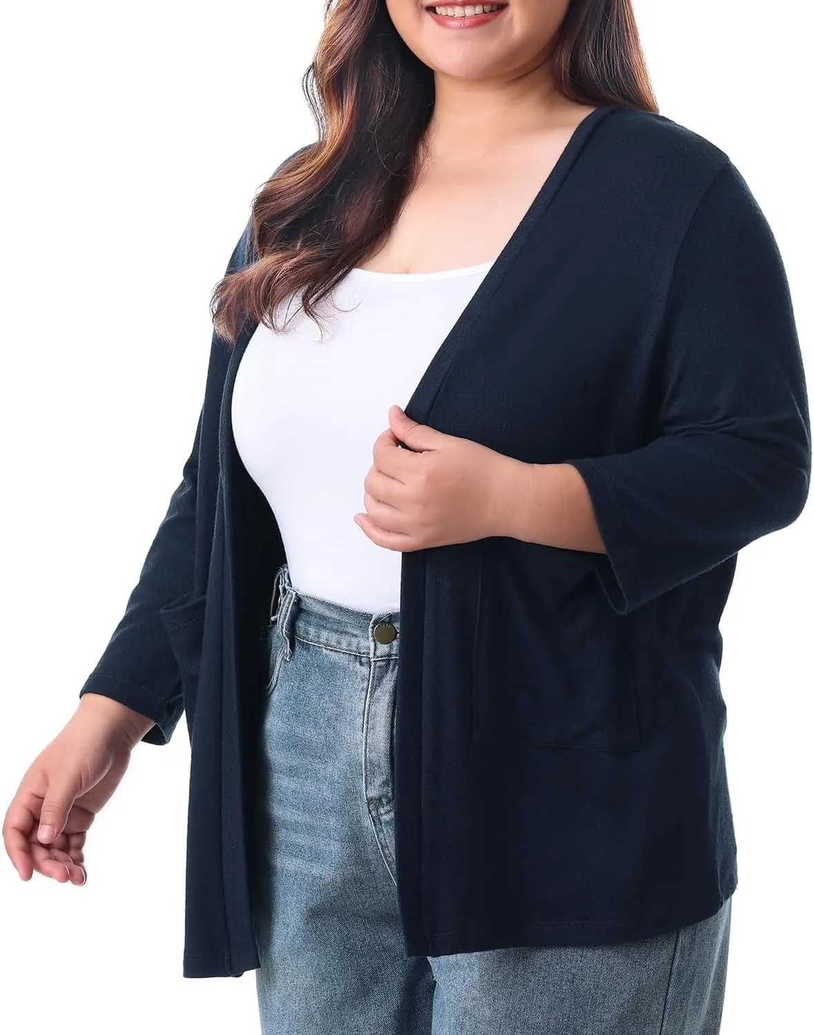HOdo Plus Size Cardigan for Women Lightweight Sweaters with Pockets Open Front 3/4 Sleeve 1X-5X