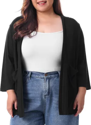 HOdo Plus Size Cardigan for Women Lightweight Sweaters with Pockets Open Front 3/4 Sleeve 1X-5X