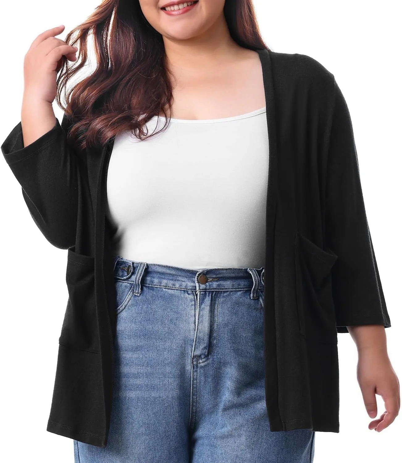 HOdo Plus Size Cardigan for Women Lightweight Sweaters with Pockets Open Front 3/4 Sleeve 1X-5X
