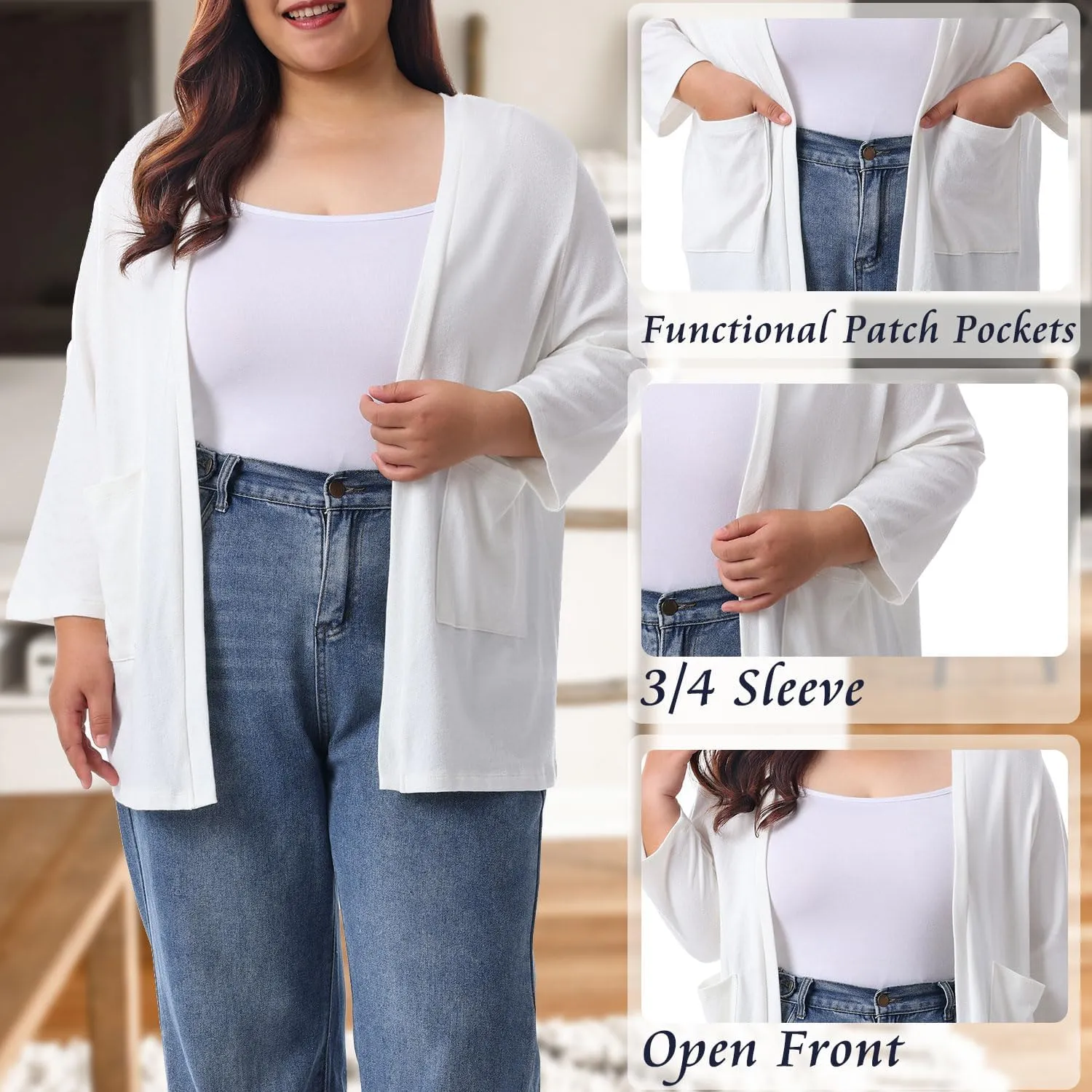 HOdo Plus Size Cardigan for Women Lightweight Sweaters with Pockets Open Front 3/4 Sleeve 1X-5X