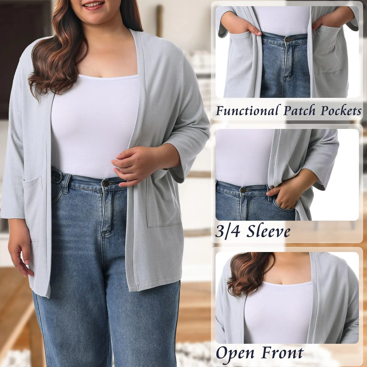 HOdo Plus Size Cardigan for Women Lightweight Sweaters with Pockets Open Front 3/4 Sleeve 1X-5X