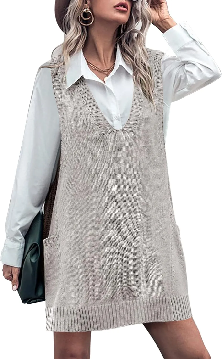 HOTOUCH Women Sweater Vest Oversized V Neck Sleeveless Knit Pullover Ribbed Vest Dress with Pockets