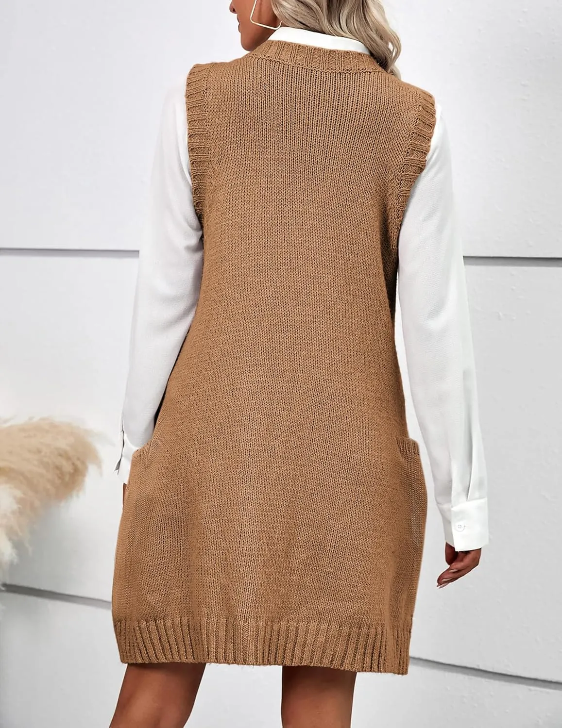 HOTOUCH Women Sweater Vest Oversized V Neck Sleeveless Knit Pullover Ribbed Vest Dress with Pockets