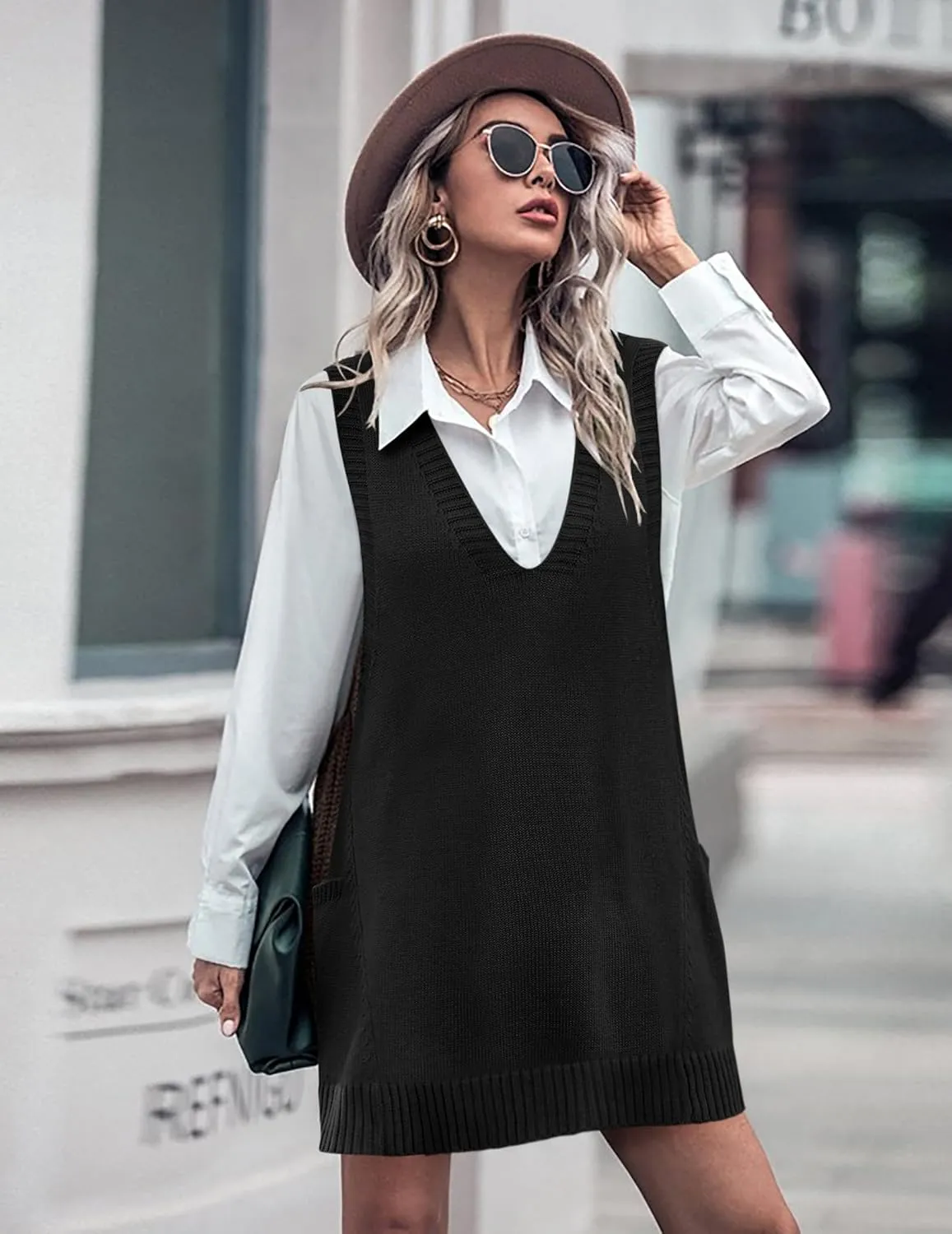 HOTOUCH Women Sweater Vest Oversized V Neck Sleeveless Knit Pullover Ribbed Vest Dress with Pockets