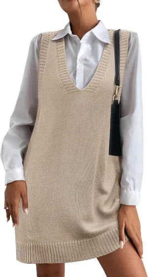 HOTOUCH Women Sweater Vest Oversized V Neck Sleeveless Knit Pullover Ribbed Vest Dress with Pockets