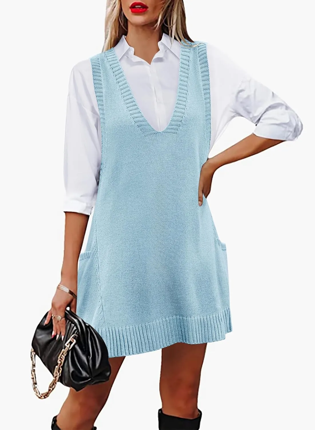 HOTOUCH Women Sweater Vest Oversized V Neck Sleeveless Knit Pullover Ribbed Vest Dress with Pockets