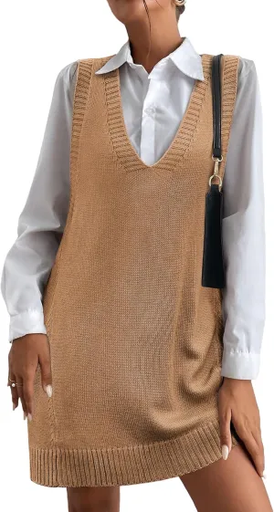HOTOUCH Women Sweater Vest Oversized V Neck Sleeveless Knit Pullover Ribbed Vest Dress with Pockets