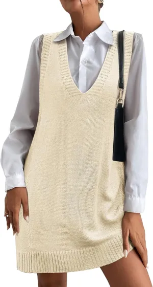 HOTOUCH Women Sweater Vest Oversized V Neck Sleeveless Knit Pullover Ribbed Vest Dress with Pockets