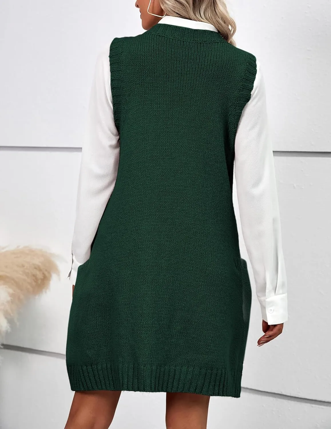 HOTOUCH Women Sweater Vest Oversized V Neck Sleeveless Knit Pullover Ribbed Vest Dress with Pockets