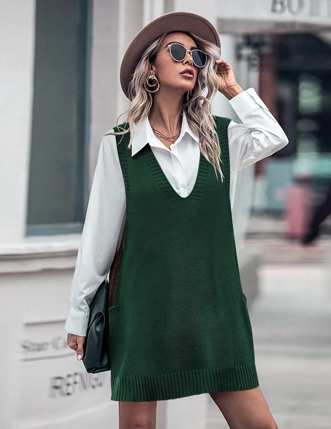 HOTOUCH Women Sweater Vest Oversized V Neck Sleeveless Knit Pullover Ribbed Vest Dress with Pockets