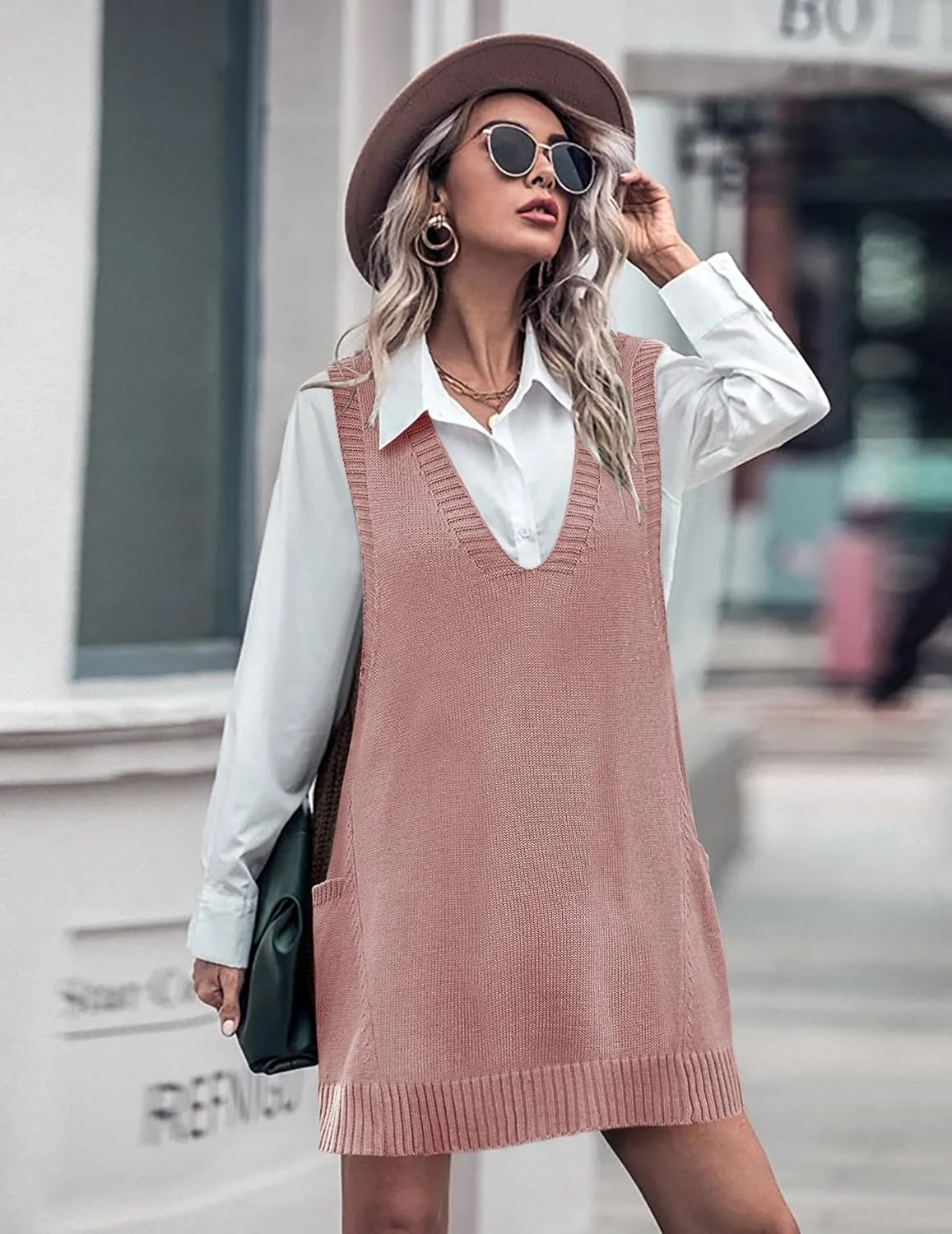 HOTOUCH Women Sweater Vest Oversized V Neck Sleeveless Knit Pullover Ribbed Vest Dress with Pockets