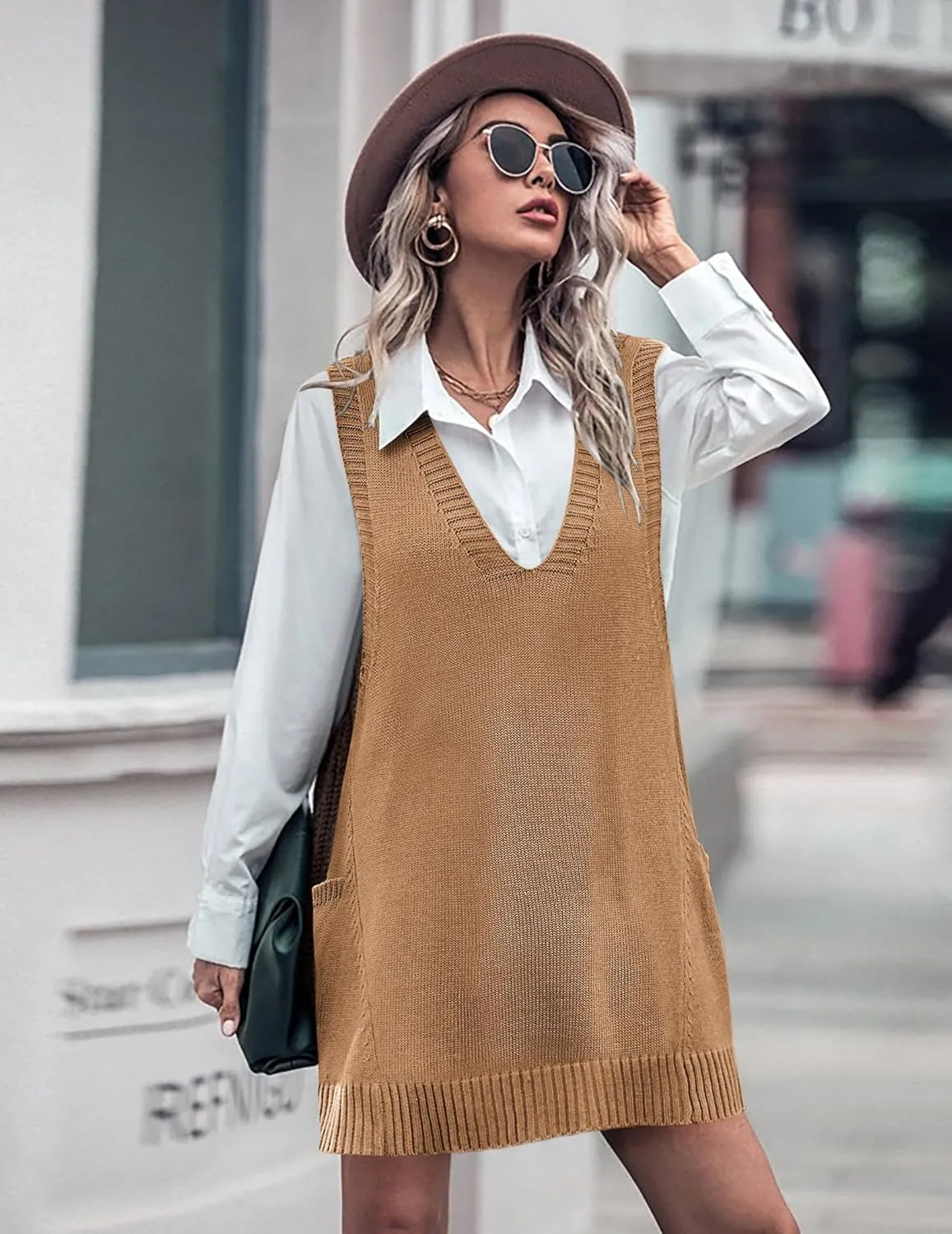 HOTOUCH Women Sweater Vest Oversized V Neck Sleeveless Knit Pullover Ribbed Vest Dress with Pockets