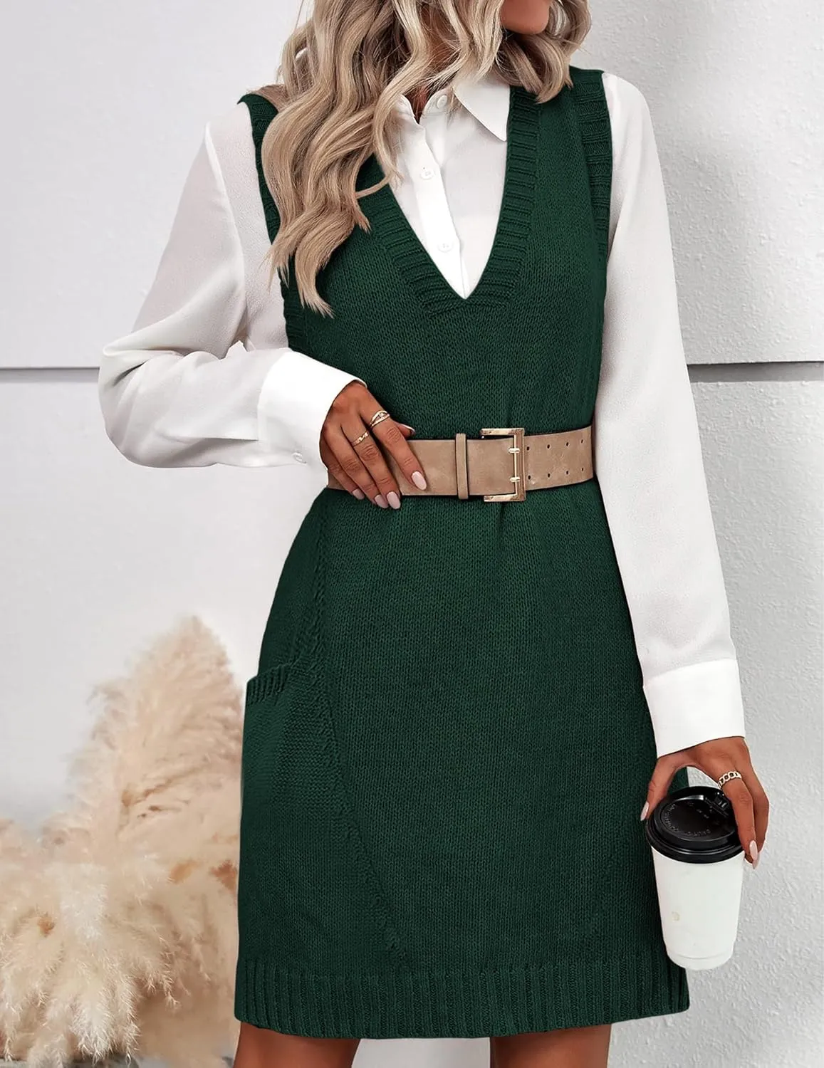 HOTOUCH Women Sweater Vest Oversized V Neck Sleeveless Knit Pullover Ribbed Vest Dress with Pockets