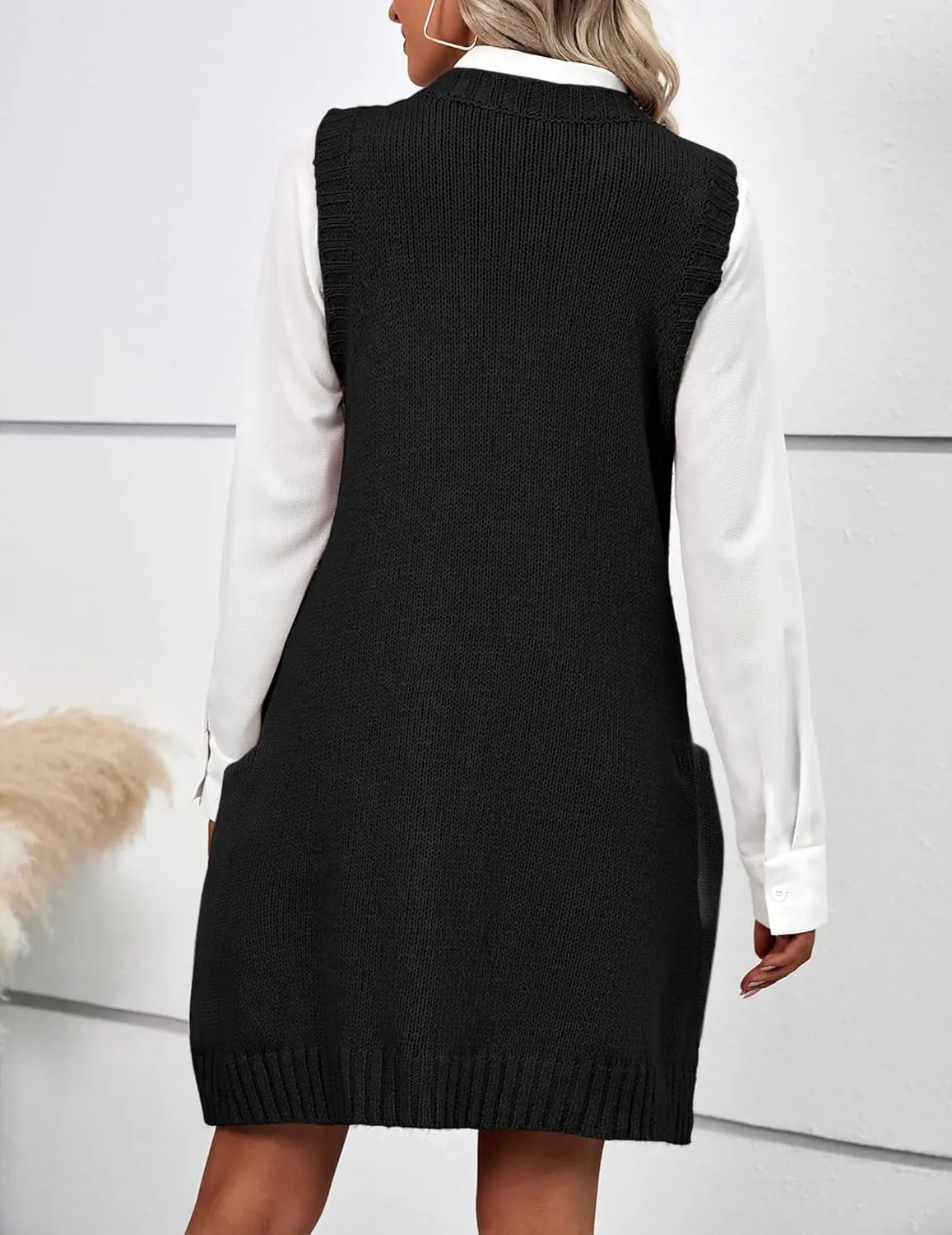 HOTOUCH Women Sweater Vest Oversized V Neck Sleeveless Knit Pullover Ribbed Vest Dress with Pockets