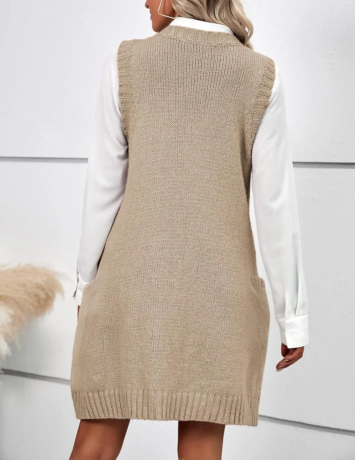 HOTOUCH Women Sweater Vest Oversized V Neck Sleeveless Knit Pullover Ribbed Vest Dress with Pockets