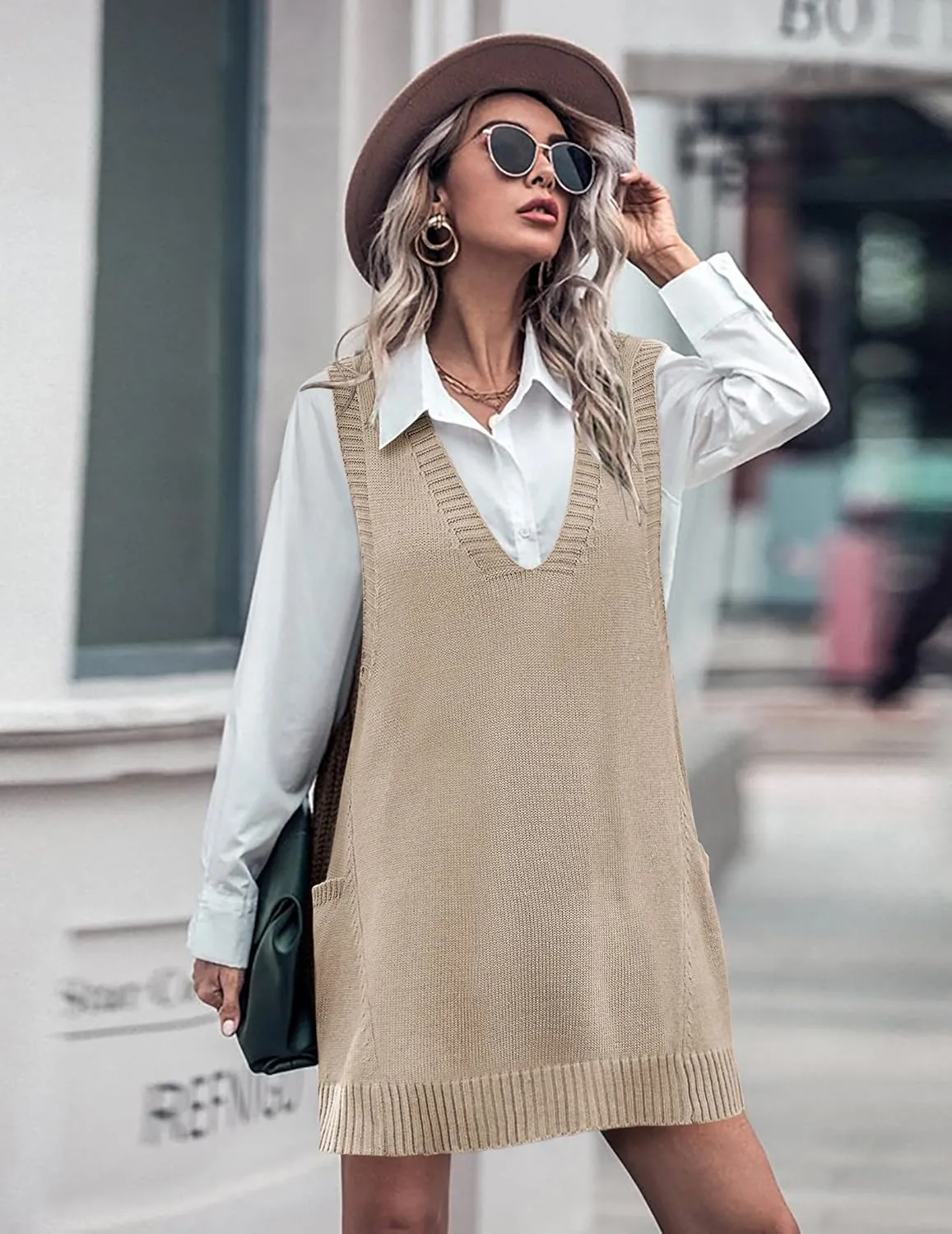 HOTOUCH Women Sweater Vest Oversized V Neck Sleeveless Knit Pullover Ribbed Vest Dress with Pockets